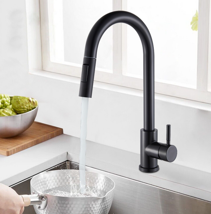 Black Clean Sleek Modern Kitchen Faucet Pull Out Dual Sprayer