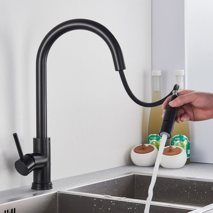 Black Clean Sleek Modern Kitchen Faucet Pull Out Dual Sprayer