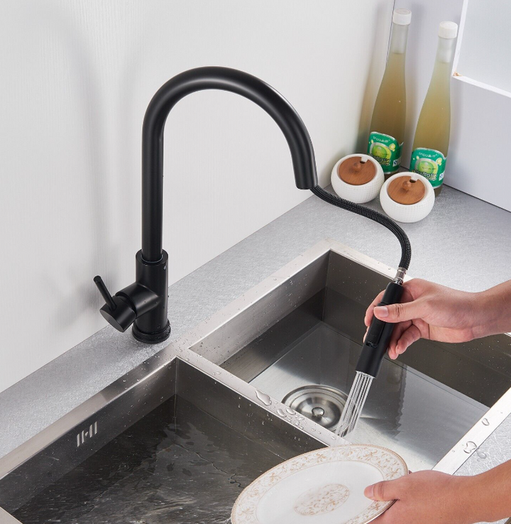 Black Clean Sleek Modern Kitchen Faucet Pull Out Dual Sprayer