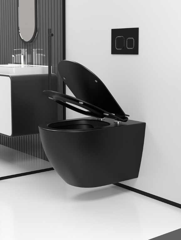 Black wall hung toilet bowl with cistern dual flush tank 2x4 and Cistern button soft close seat KIT