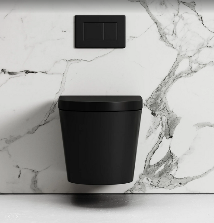 Black wall hung toilet bowl with cistern dual flush tank 2x4 and Cistern button soft close seat KIT