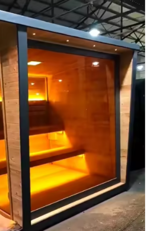 6 Person Outdoor Square Sauna, Weather Resistant Black Slope Top Steam Sauna Cabin with Heating System 86x86x98"