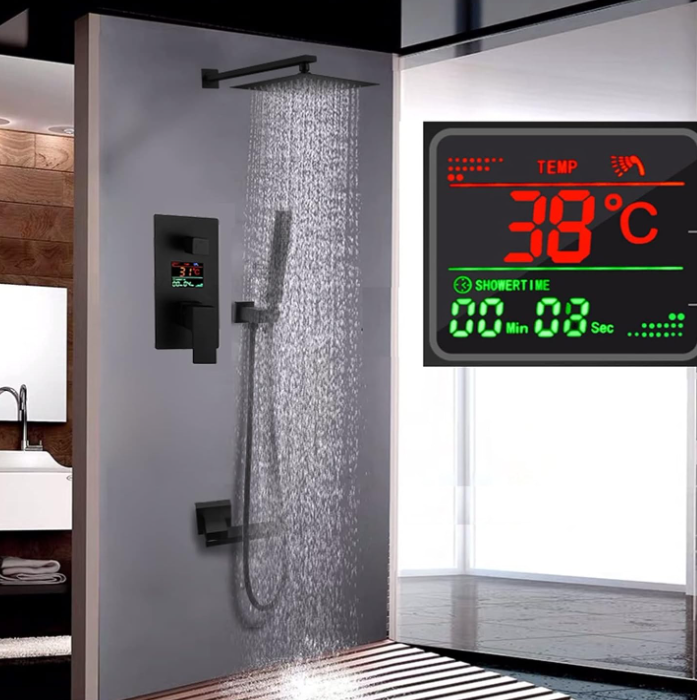 Motorola- Black LED Display Square 12" Rain head 3 Way Function Duverter therostatic Pressure Balance Shower Kit