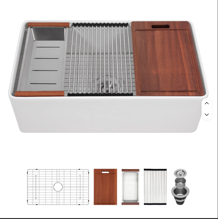 Sarlai 33 Single White Kitchen Sink Ledge Workstation Apron Front Ceramic Porcelain White Farmhouse Sink