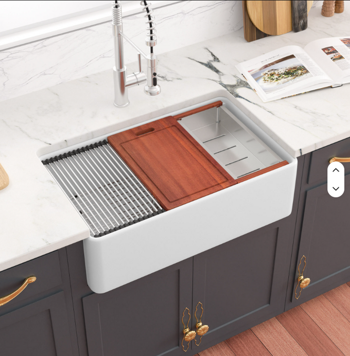 Sarlai 33 Single White Kitchen Sink Ledge Workstation Apron Front Ceramic Porcelain White Farmhouse Sink