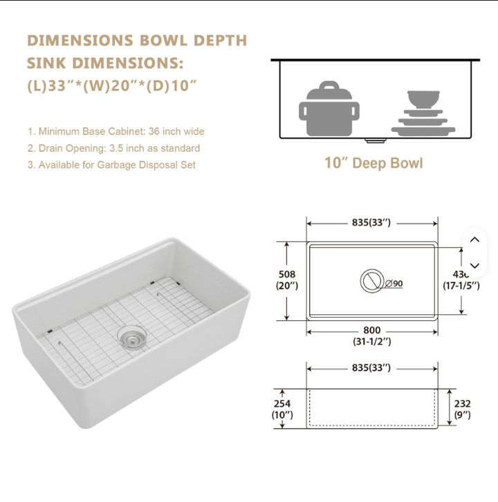 Sarlai 33 Single White Kitchen Sink Ledge Workstation Apron Front Ceramic Porcelain White Farmhouse Sink