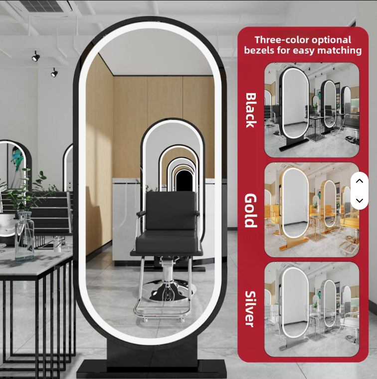 Oval Freestanding Studio hair salon / Gym Brushed Gold LED floor mounted Mirror 24" x 72"