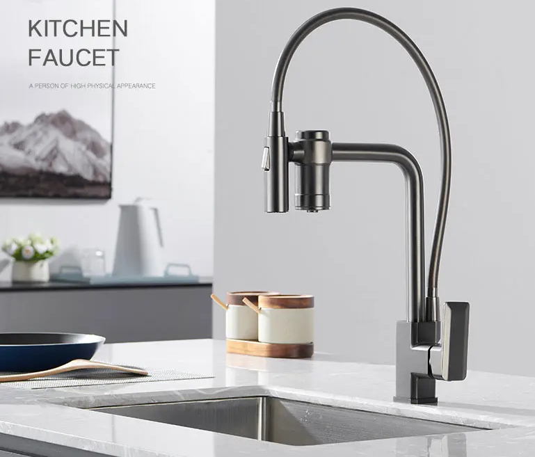 M20-Gun Grey Pure Water Filter Kitchen Faucet Dual Handle Hot and Cold Drinking Water Pull Out Mixer Soft Hose Crane Purification