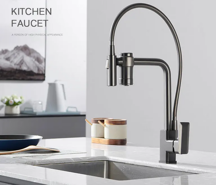 M20-Gun Grey Pure Water Filter Kitchen Faucet Dual Handle Hot and Cold Drinking Water Pull Out Mixer Soft Hose Crane Purification