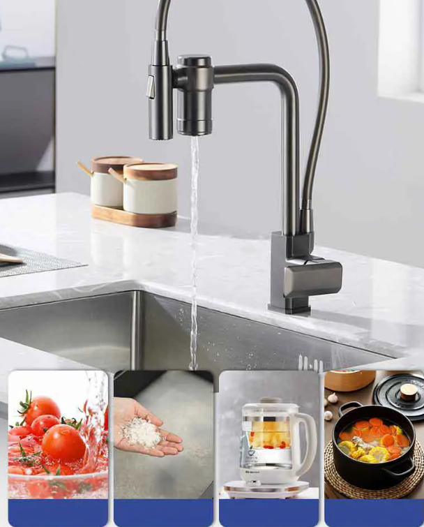 M20-Gun Grey Pure Water Filter Kitchen Faucet Dual Handle Hot and Cold Drinking Water Pull Out Mixer Soft Hose Crane Purification