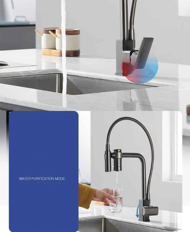 M20-Gun Grey Pure Water Filter Kitchen Faucet Dual Handle Hot and Cold Drinking Water Pull Out Mixer Soft Hose Crane Purification