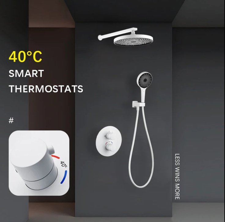 White Smart Thermostatic Shower System Solid Brass Wall Mounted Split Embedded Bath Shower Mixer Set AH3060