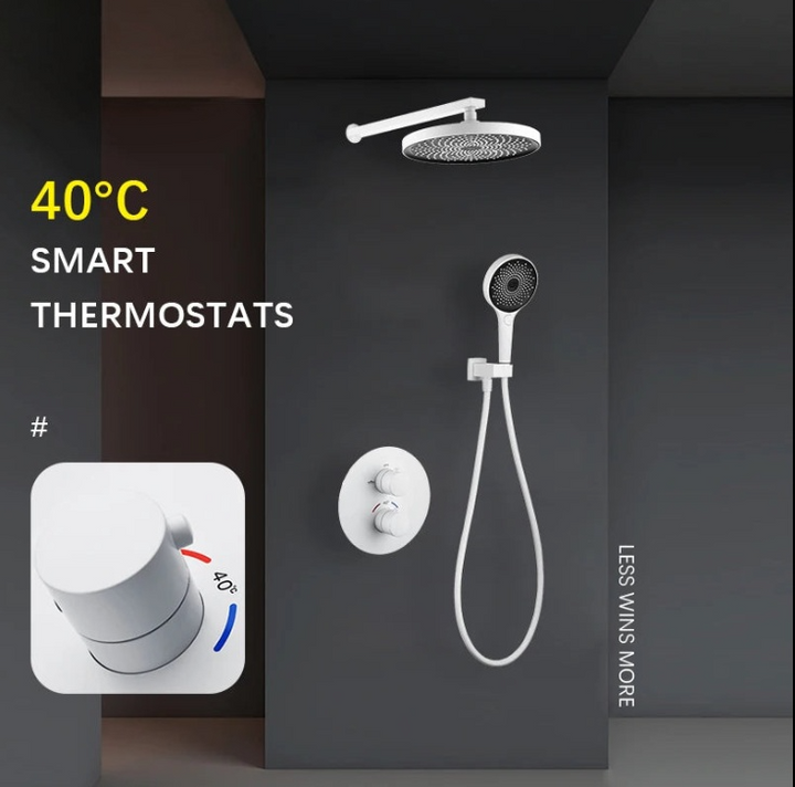 White Smart Thermostatic Shower System Solid Brass Wall Mounted Split Embedded Bath Shower Mixer Set AH3060