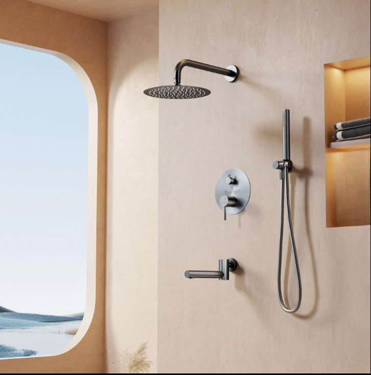 Round Grey Gun Pearl 2-3 Way Function Thermostatic Shower Kit