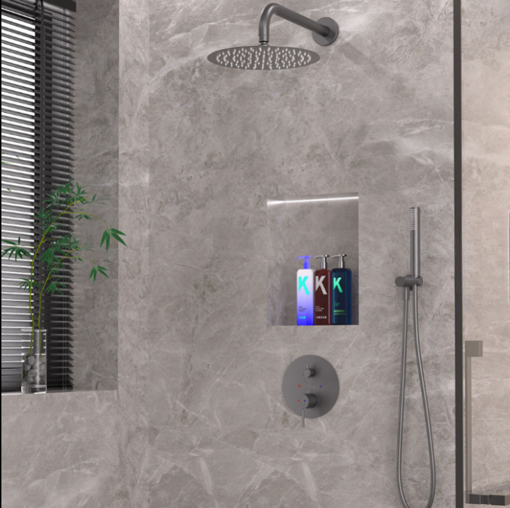 Round Grey Gun Pearl 2-3 Way Function Thermostatic Shower Kit