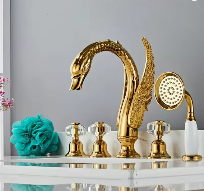 Swan Gold polished pvd platted 5 pieces deck mount bathtub filler faucet kit