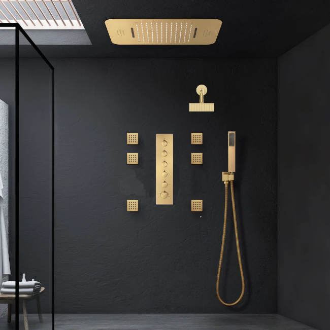 Brushed gold led spa shower system flushmount ceiling shower , hand spray, 45degree shower , and 6 body jets completed set