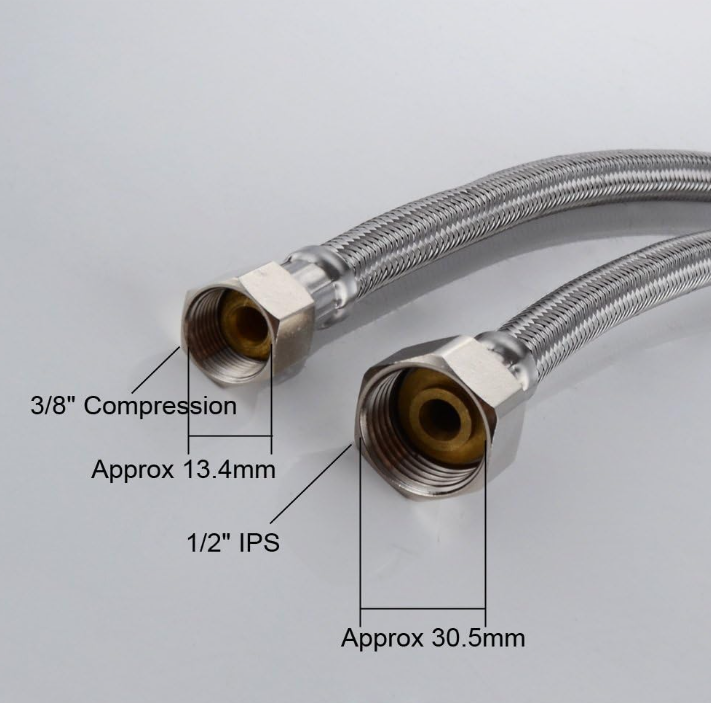 16"Inch Length Bathroom Kitchen Faucet Connector, Braided Stainless Steel - 3/8" Female Compression Thread x 1/2" I.P. Female Straight Thread, x 2 Pcs (1 Pair)