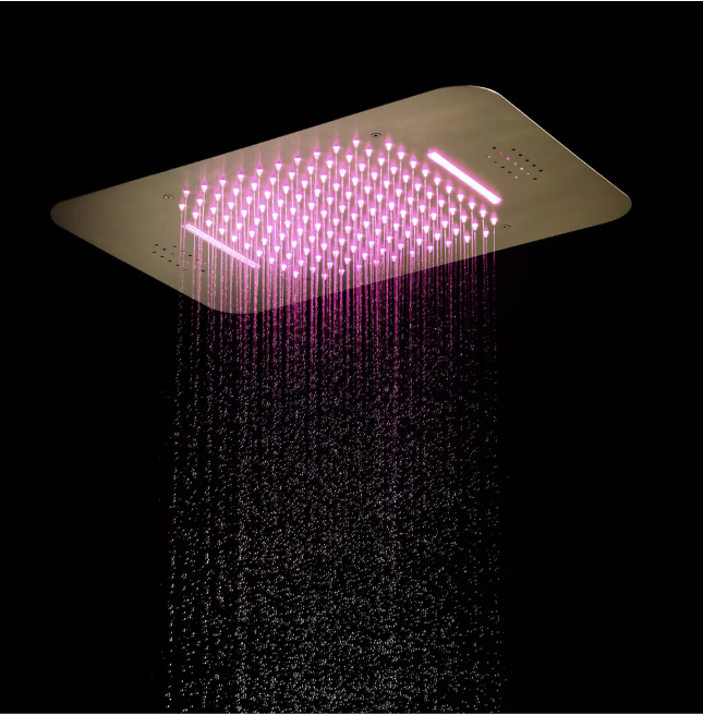 Brushed gold led spa shower system flushmount ceiling shower , hand spray, 45degree shower , and 6 body jets completed set