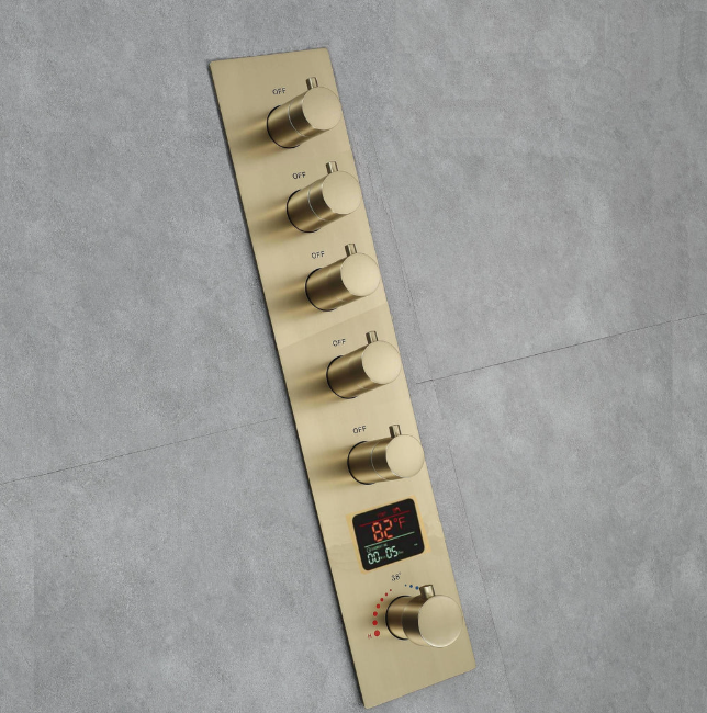 Brushed gold led spa shower system flushmount ceiling shower , hand spray, 45degree shower , and 6 body jets completed set