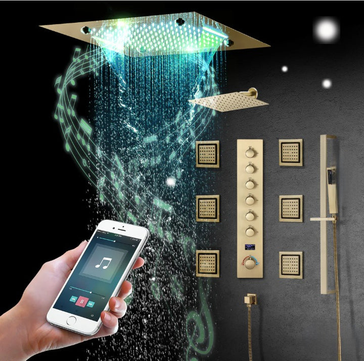 Santa Ana-Brushed Gold 20" x 20" Complete Luxury LED Spa Music shower set Rainfall , Waterfall, Mist Spray 6x Body Jets