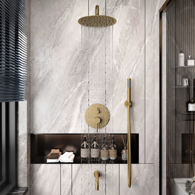 CSA Certified-Brushed Gold Round 10 Inch Rain Head 3 Way Diverter & Tub Filler Shower Kit