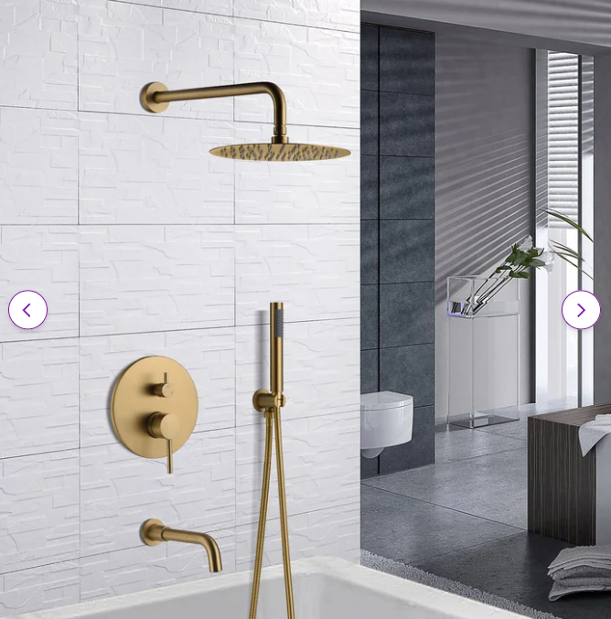 CSA Certified-Brushed Gold Round 10 Inch Rain Head 3 Way Diverter & Tub Filler Shower Kit
