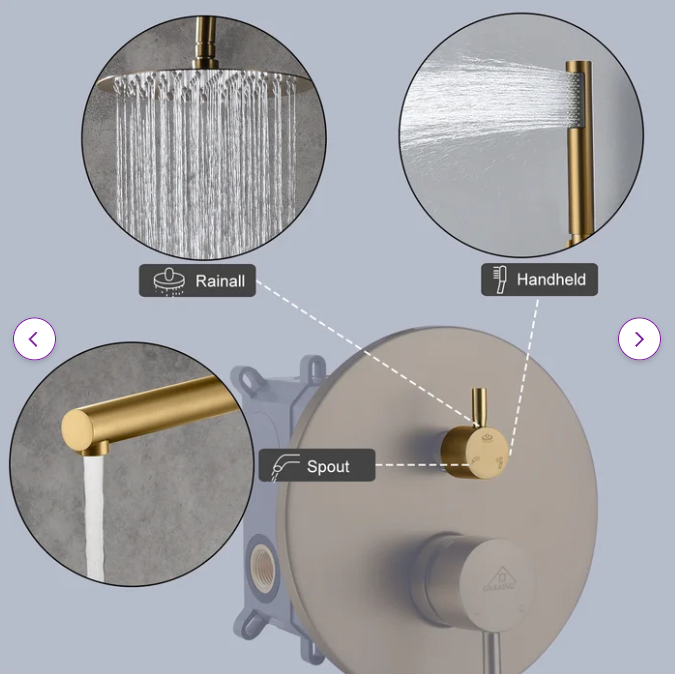 CSA Certified-Brushed Gold Round 10 Inch Rain Head 3 Way Diverter & Tub Filler Shower Kit