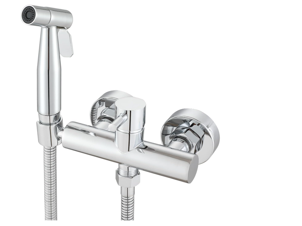 Chrome wall mounted hot and cold water mixer hand shattaf bidet spray kit