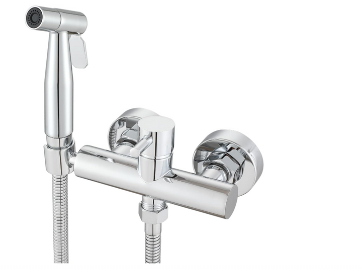 Chrome wall mounted hot and cold water mixer hand shattaf bidet spray kit