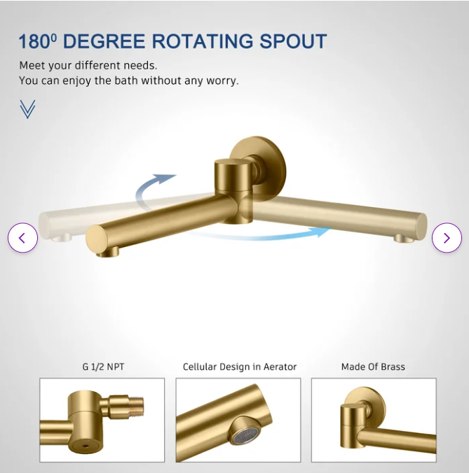 CSA Certified-Brushed Gold Round 10 Inch Rain Head 3 Way Diverter & Tub Filler Shower Kit