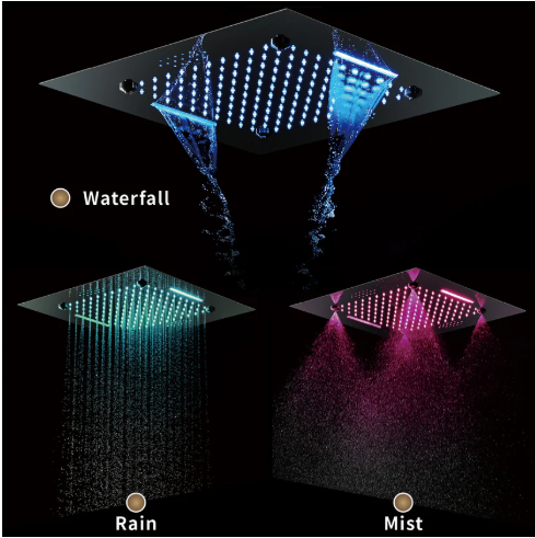 Santa Ana-Brushed Gold 20" x 20" Complete Luxury LED Spa Music shower set Rainfall , Waterfall, Mist Spray 6x Body Jets