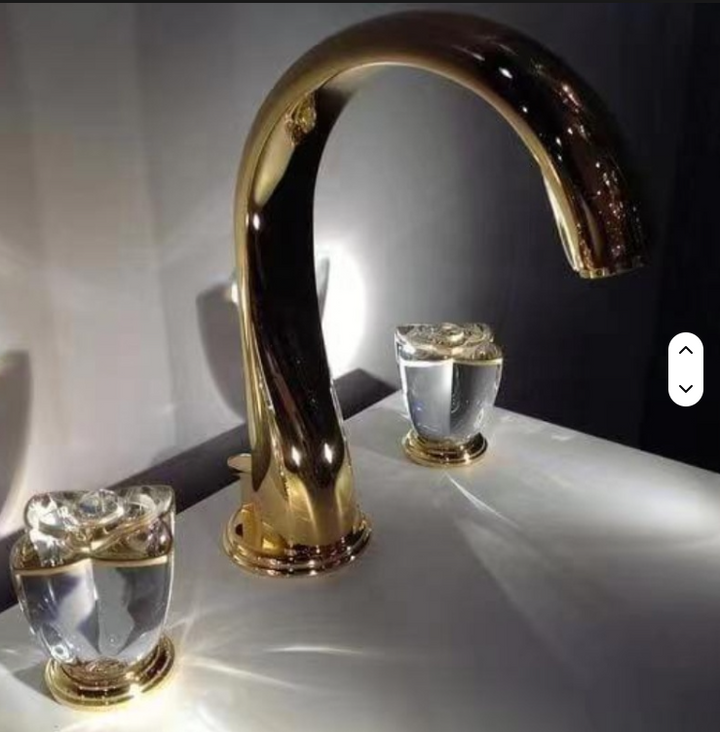 Palacio-Gold polished brass with crystal handles 8" inch wide spread bathroom faucet