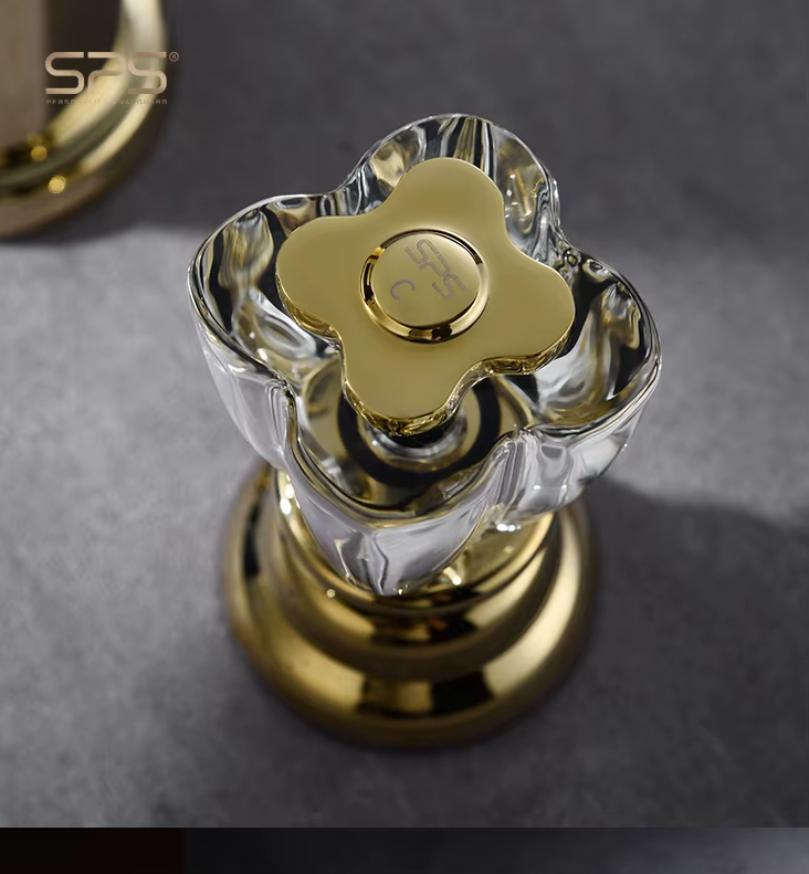 Palacio-Gold polished brass with crystal handles 8" inch wide spread bathroom faucet
