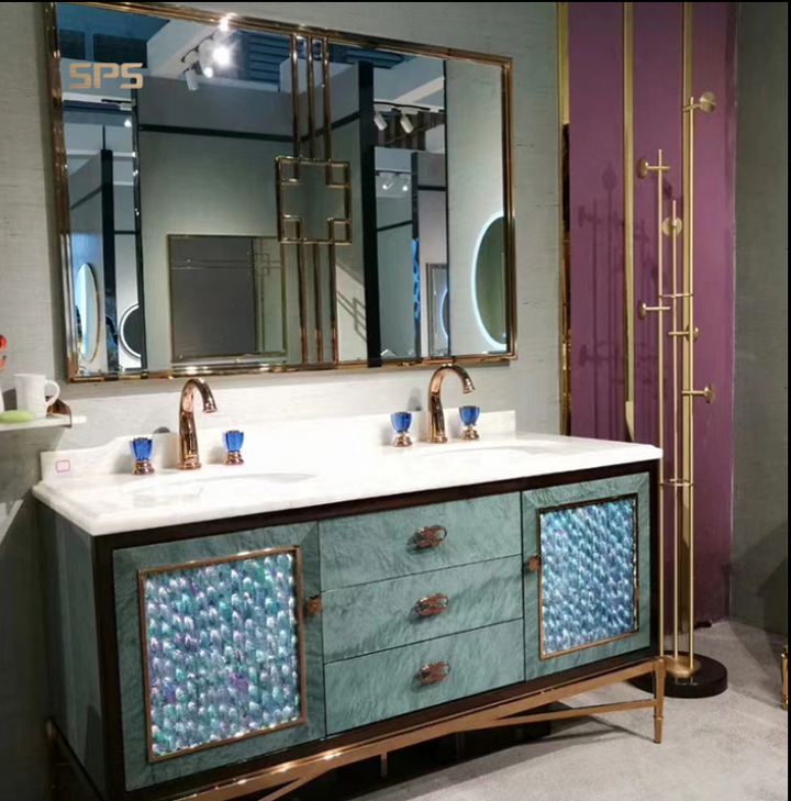 Palacio-Gold polished brass with crystal handles 8" inch wide spread bathroom faucet