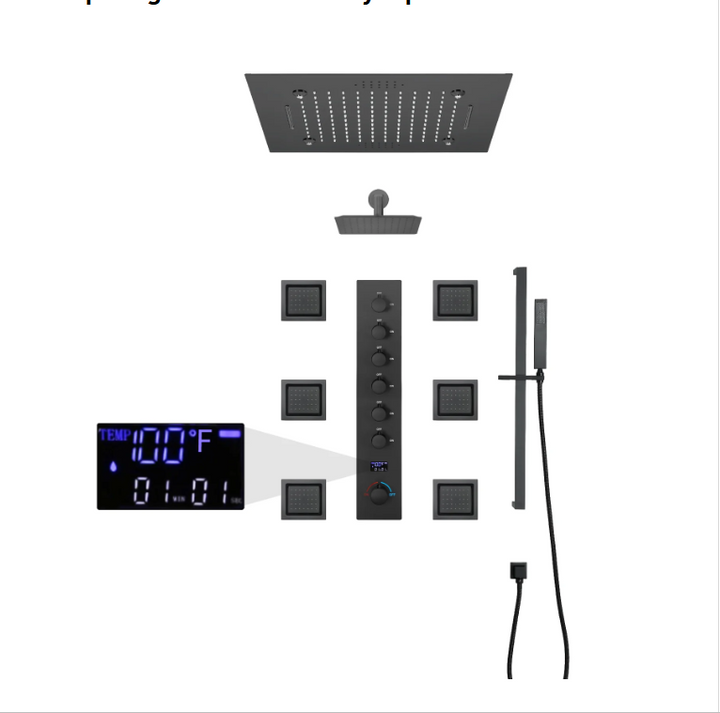 Santa Ana-Brushed Gold 20" x 20" Complete Luxury LED Spa Music shower set Rainfall , Waterfall, Mist Spray 6x Body Jets