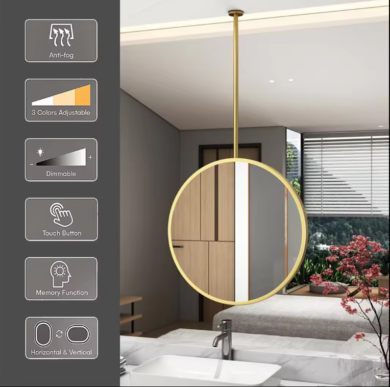 Stock-24" Inches Brushed Gold Round Ceiling mount brushed gold LED mirror