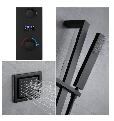 Santa Ana-Brushed Gold 20" x 20" Complete Luxury LED Spa Music shower set Rainfall , Waterfall, Mist Spray 6x Body Jets