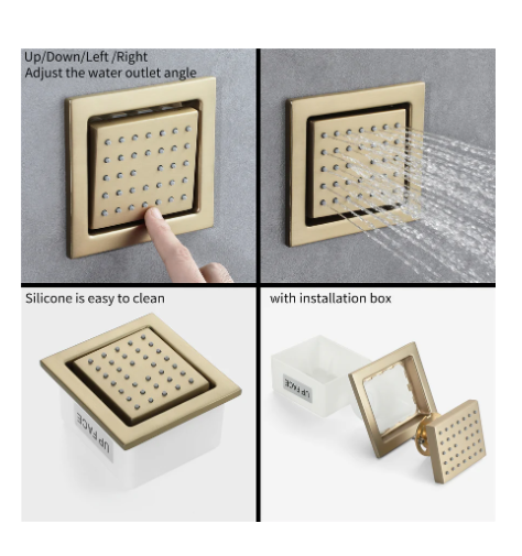 Santa Ana-Brushed Gold 20" x 20" Complete Luxury LED Spa Music shower set Rainfall , Waterfall, Mist Spray 6x Body Jets