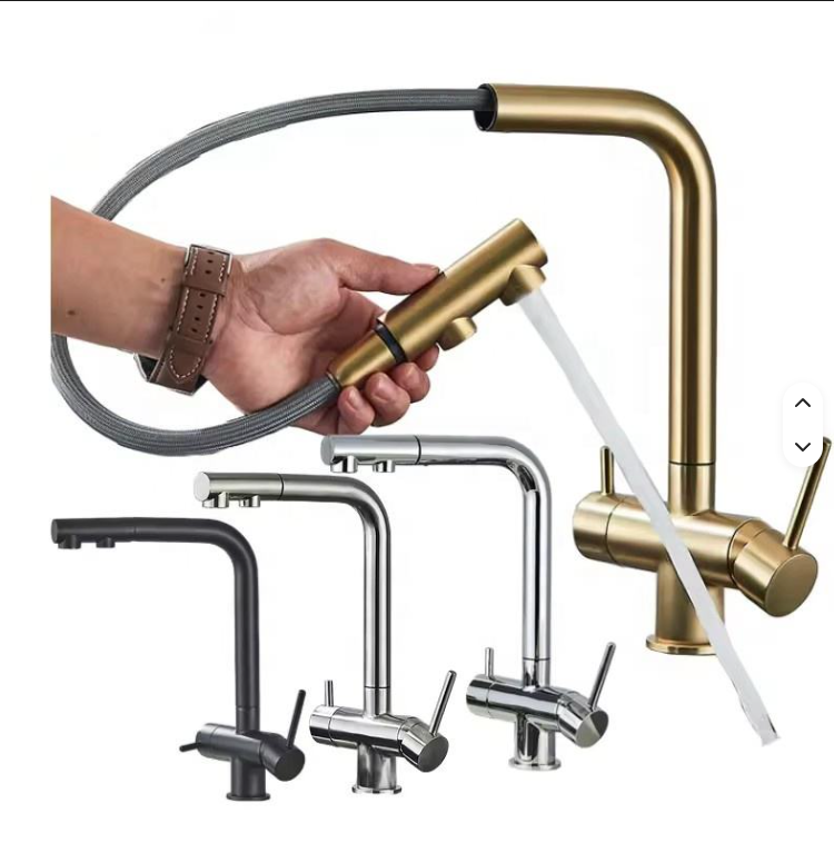 NORWAY 3-Filtered Kitchen Sink Faucet with Pull Down Sprayer 2 Handle 3 in 1 Water Filter Purifier Faucet Dual Sprayer Drinking Water Tap