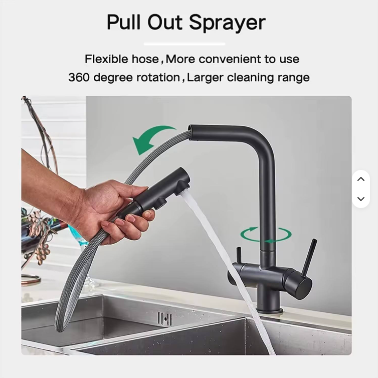 NORWAY 3-Filtered Kitchen Sink Faucet with Pull Down Sprayer 2 Handle 3 in 1 Water Filter Purifier Faucet Dual Sprayer Drinking Water Tap