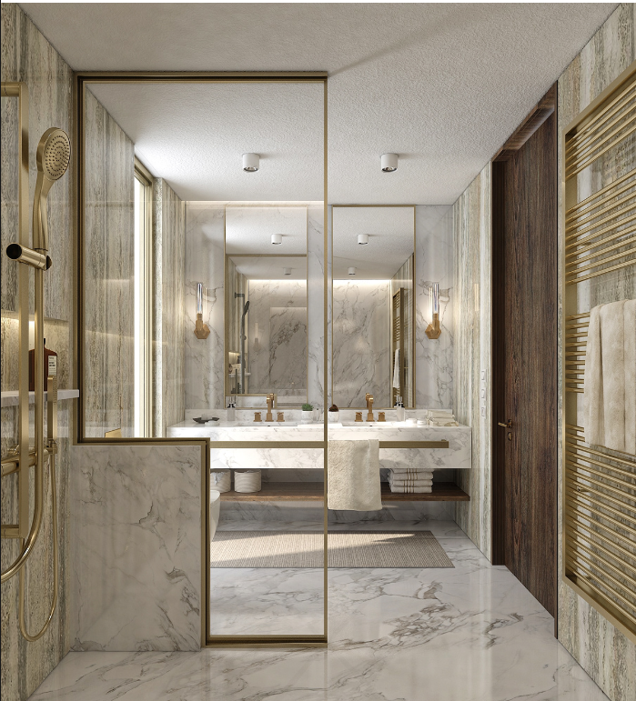 Hermes- Marble exposed with brushed gold bar double undermount walnut shelf bathroom vanity 60"