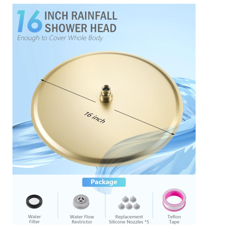 Brushed Gold Round 16" Inches Rain Thermostaic Shower Kit
