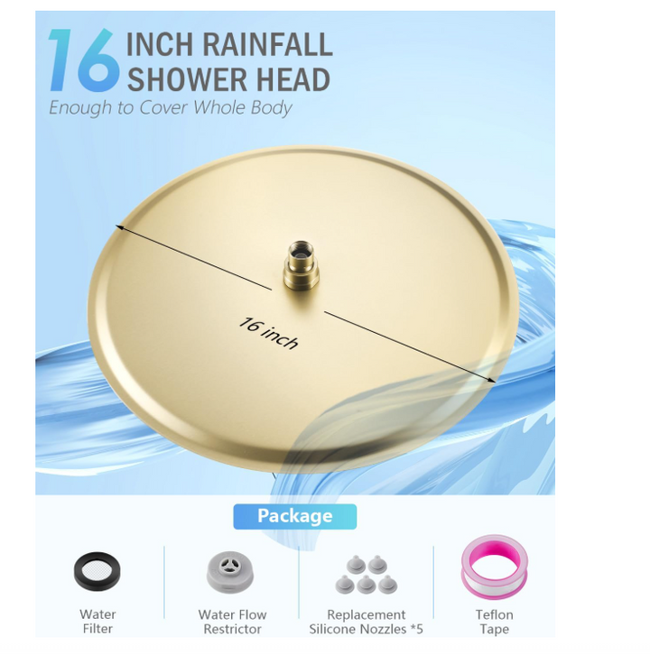 Brushed Gold Round 16" Inches Rain Thermostaic Shower Kit