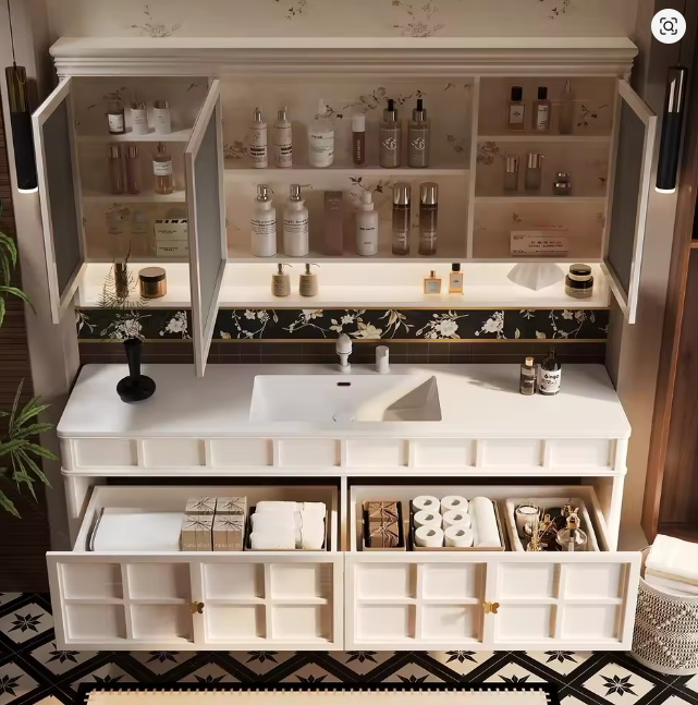 Meuble de salle de bain rétro Versailles - Colonne de rangement gain de place, élégante et tendance, vitrine de luxe pour produits de soin, décoration et mobilier.