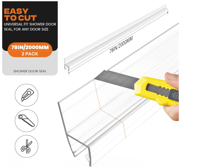 78" Shower Door Seal for 3/8" (10mm) Frameless Glass, Clear PVC Waterproof Shower Door Side Seal Strip, Easy to Install, No Adhesive Needed, Cuttable & Durable for Leak Prevention