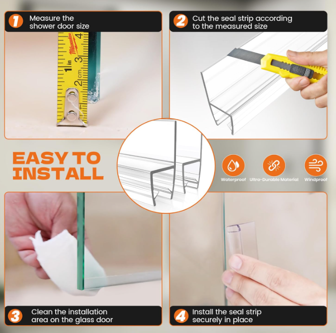 78" Shower Door Seal for 3/8" (10mm) Frameless Glass, Clear PVC Waterproof Shower Door Side Seal Strip, Easy to Install, No Adhesive Needed, Cuttable & Durable for Leak Prevention