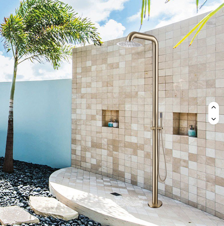 Brushed Gold 304 Stainless Steel Column Set Freestanding Garden Swimming Pool Rain Outdoor Shower 88" Height