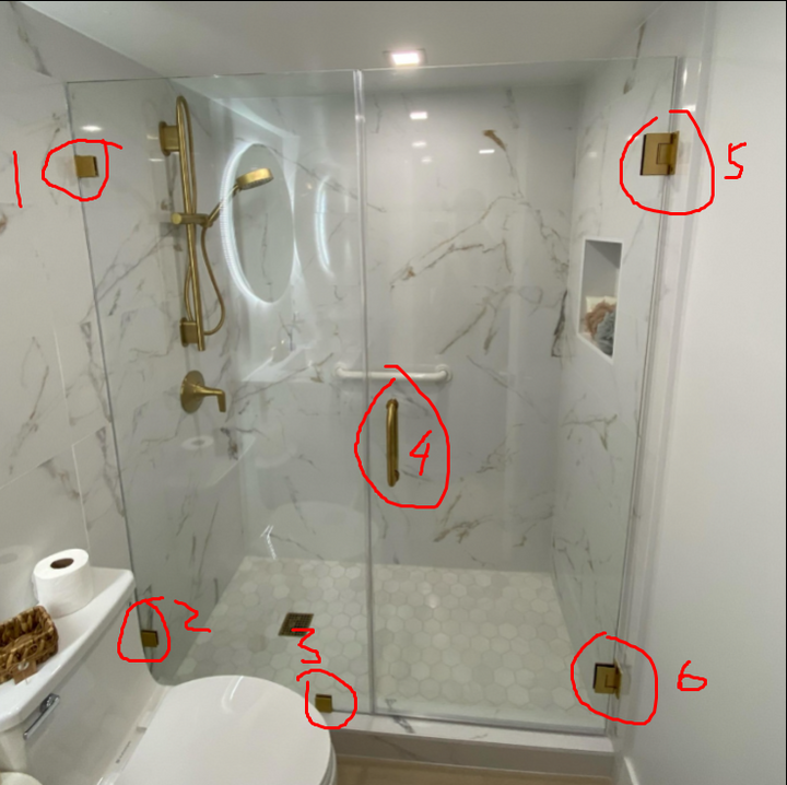 Brushed Gold Shower Glass Door Hinges hardware for fix panel and pivot door 6 pieces- 10mm to 12mm tempered glass door Completed Set