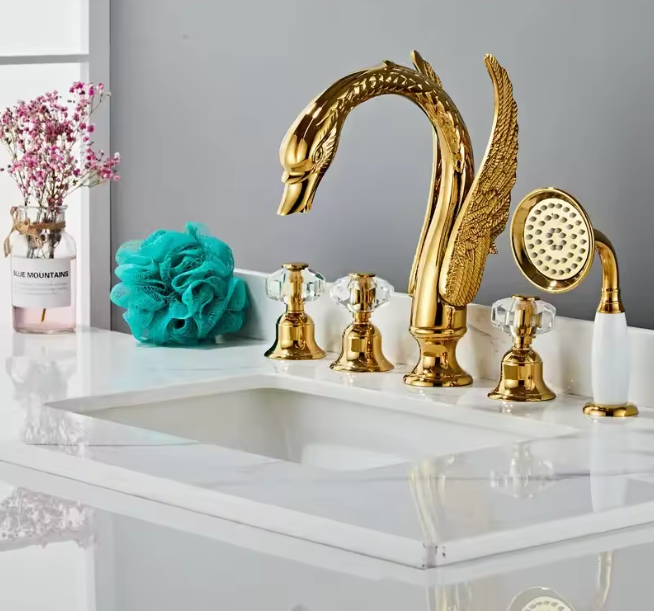 Swan Gold polished pvd platted 5 pieces deck mount bathtub filler faucet kit